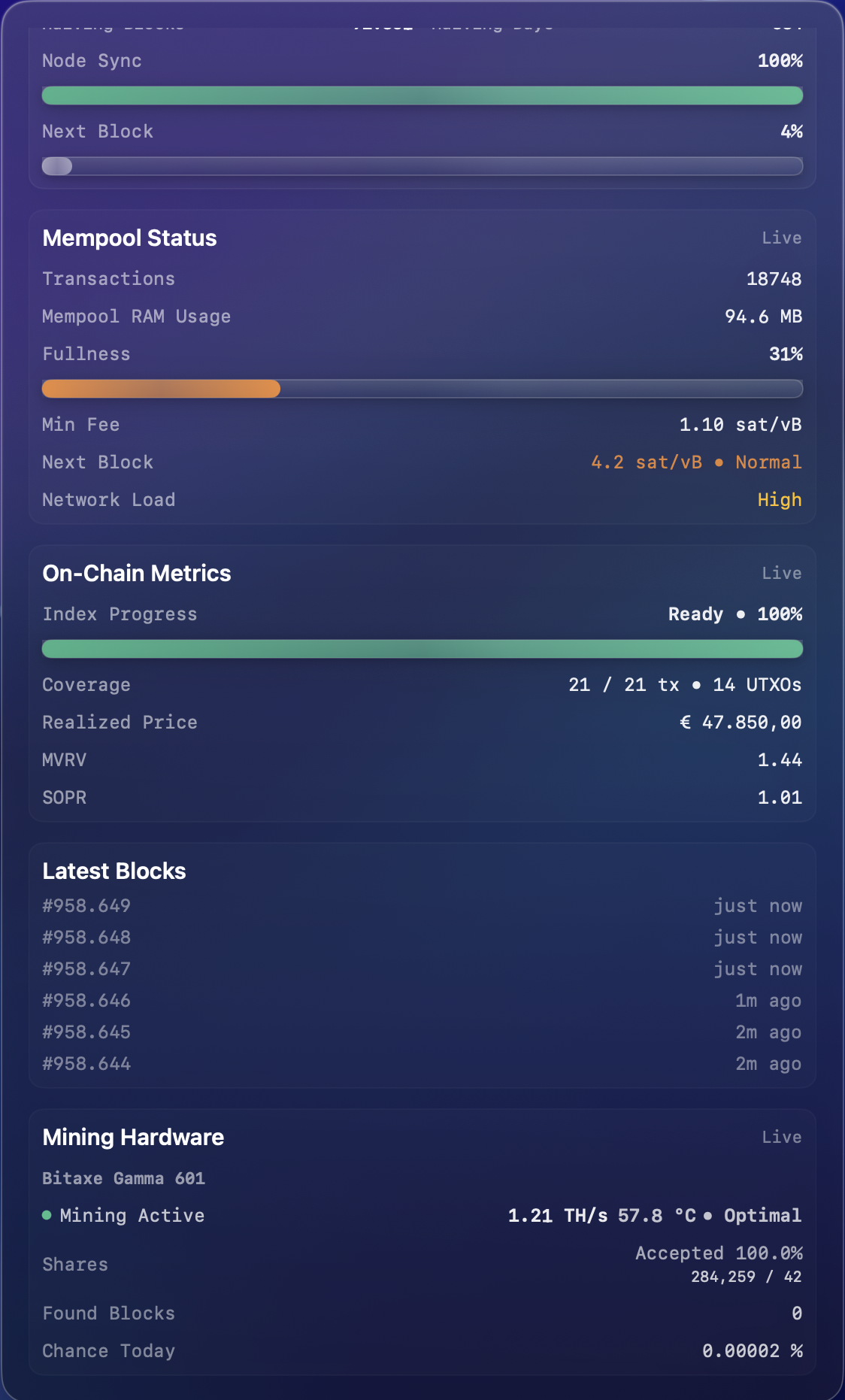 Bitaxe view: hashrate, temperature and shares