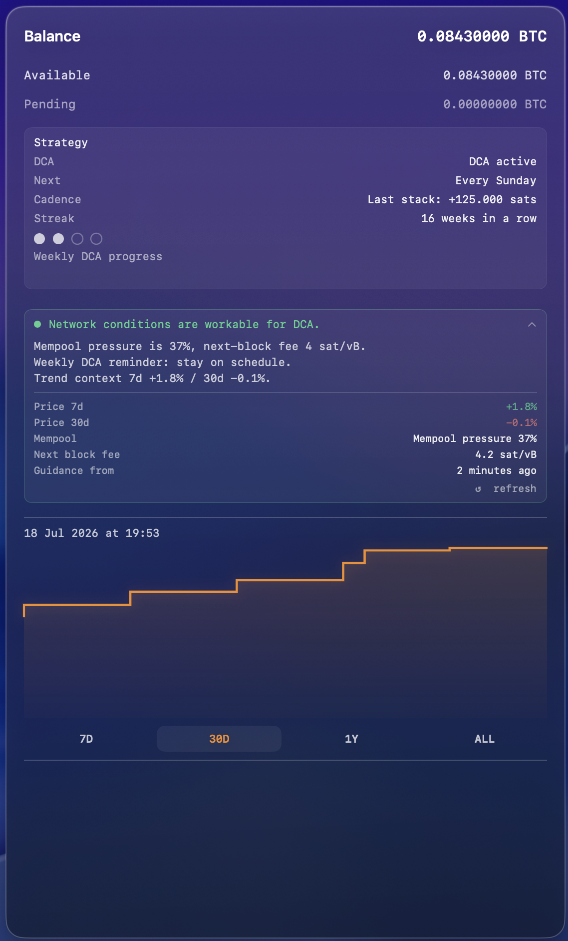 Dashboard: balance, node health and mempool in one view
